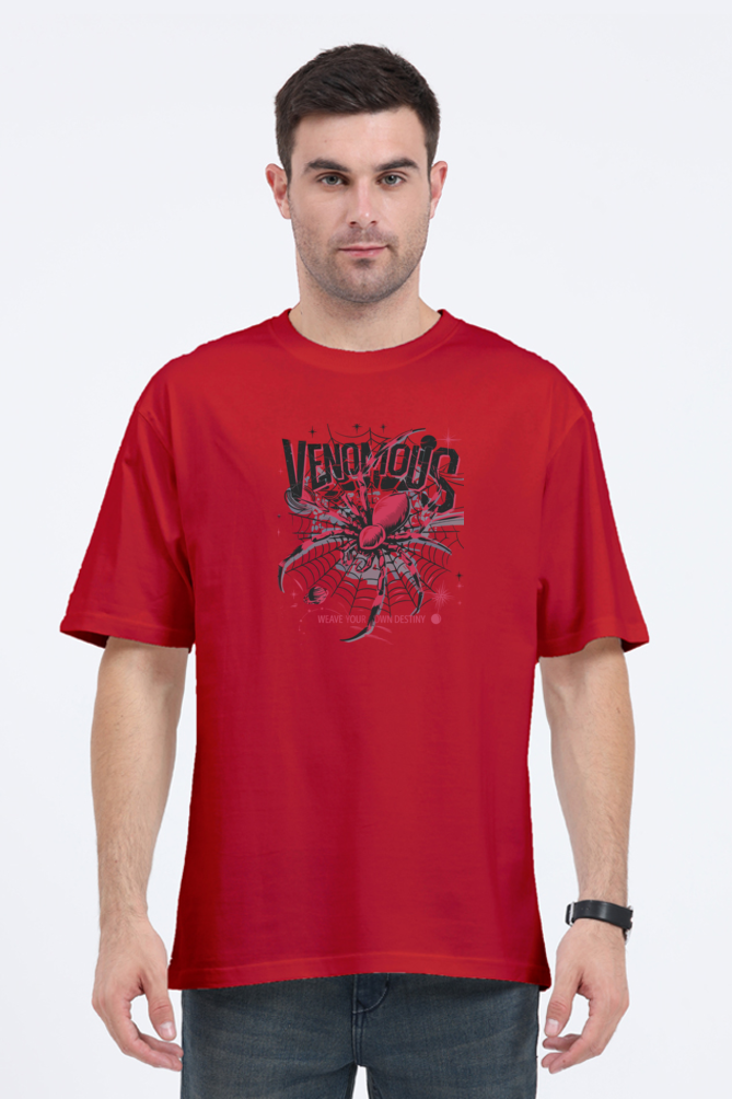 Unisex oversized red t-shirt featuring 'Venomous' graphic, perfect for summer essentials, cool swag, and comfy style.