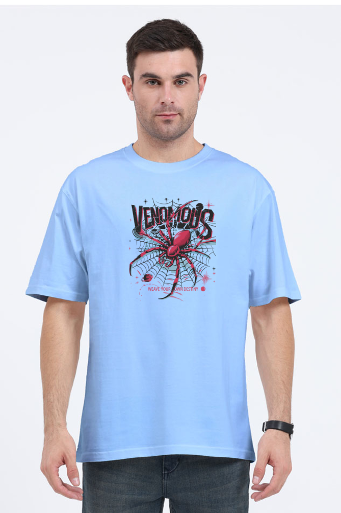 Unisex oversized blue T-shirt with 'Venomous' graphic, perfect summer essential for a cool and comfy swag.