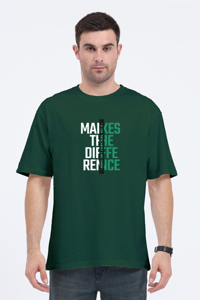 Unisex oversized t-shirt in green with text 'Money Makes The Difference', perfect summer essential for a cool, comfy swag.