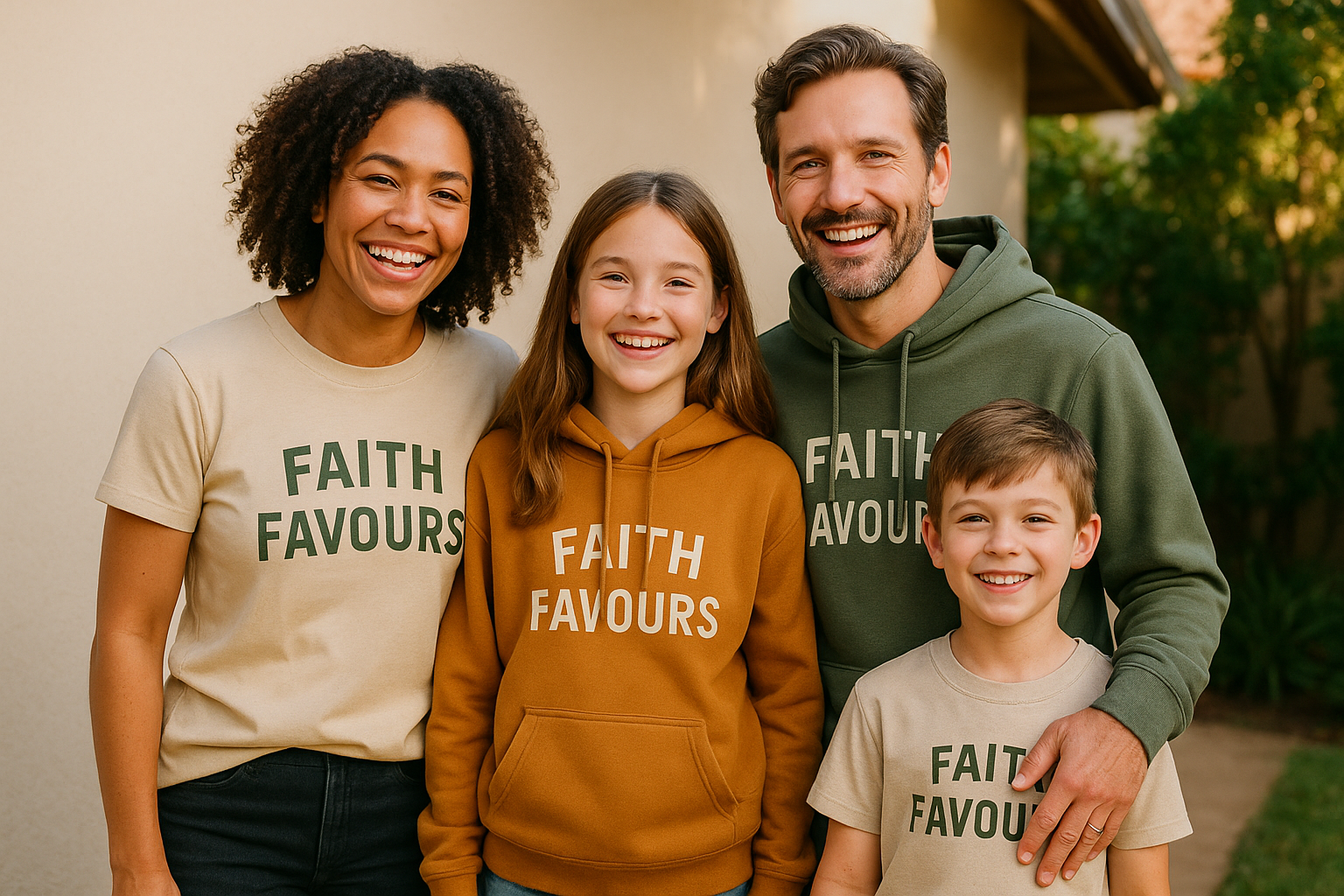 A family of mother,father and two kids wearing unisex product from faith favours