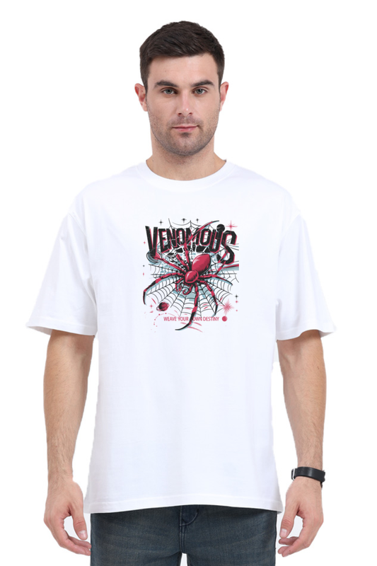 Unisex oversized white t-shirt with a bold 'Venomous' spider graphic, perfect for summer swag and comfy style.
