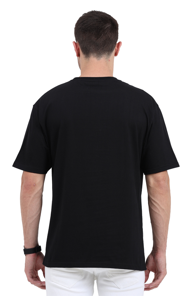 Back view of a cool black unisex oversized T-shirt, perfect summer essentials with comfy fit and stylish swag.