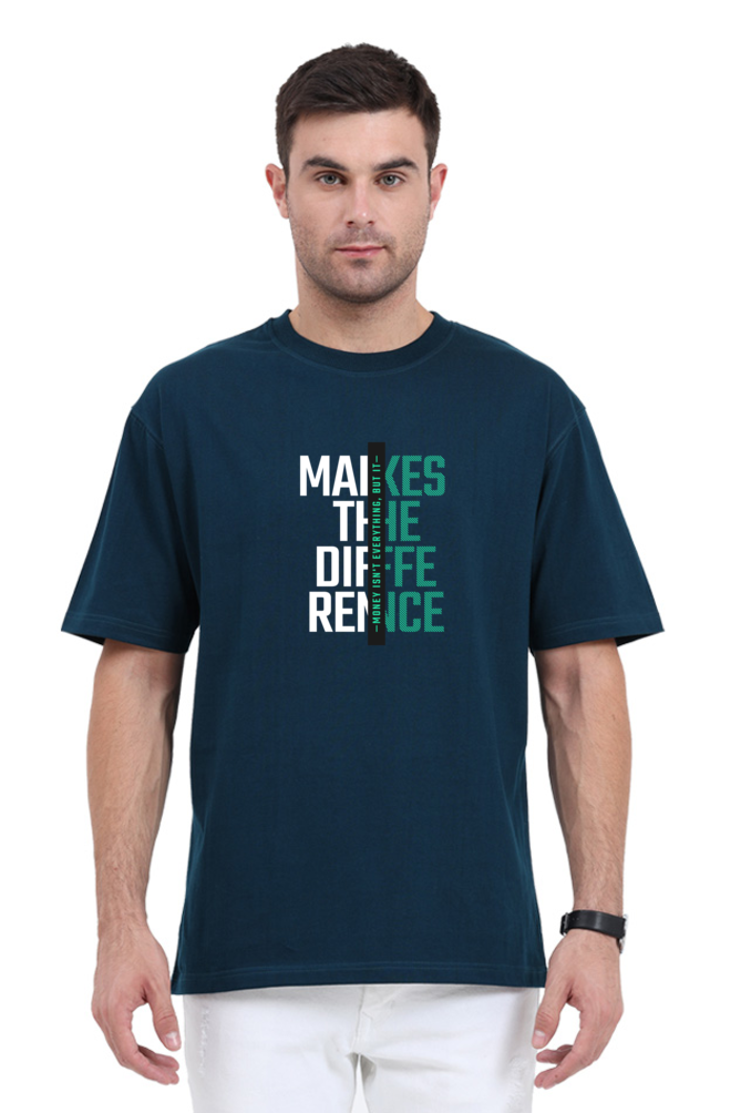 Unisex oversized t-shirt in navy with bold text design, perfect summer essential for cool, comfy swag.