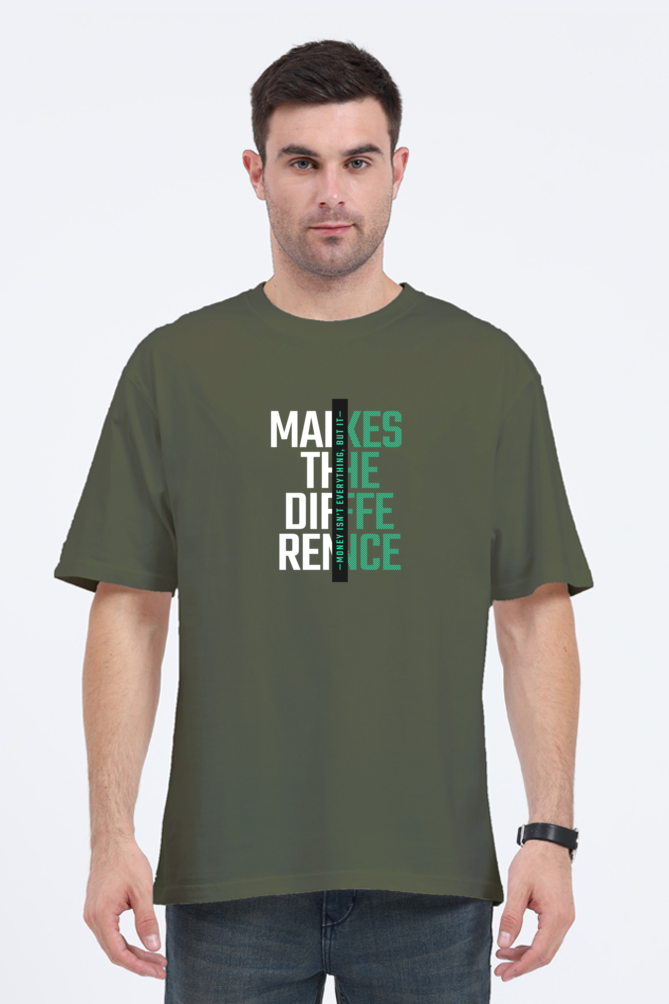 Cool unisex oversized t-shirt in olive green with bold text design, perfect summer essential for comfy swag.