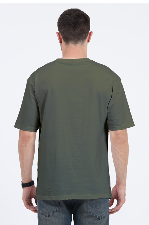 Unisex oversized T-shirt in olive green, showcasing comfy summer swag style from the back.